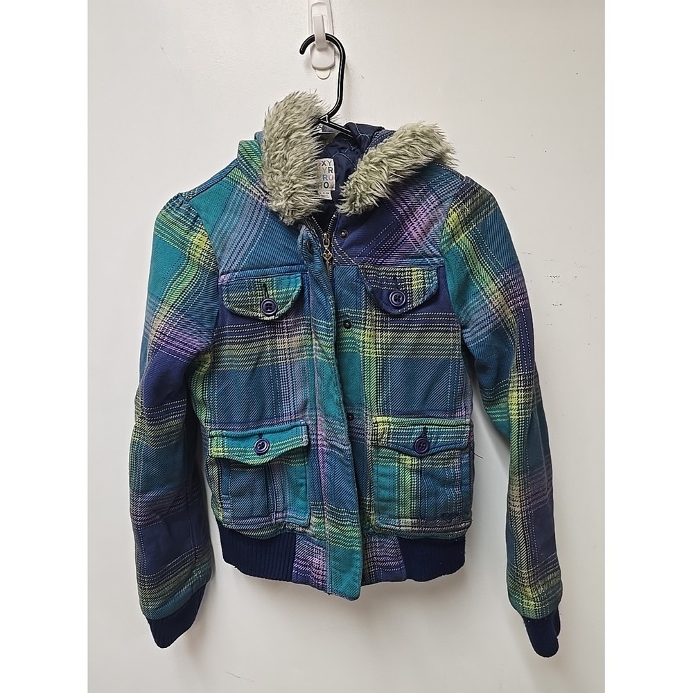 Vtg ROXY Y2K Preppy Bella Swan Quilt Lined Fur Hood Plaid Pea Coat Womans Small